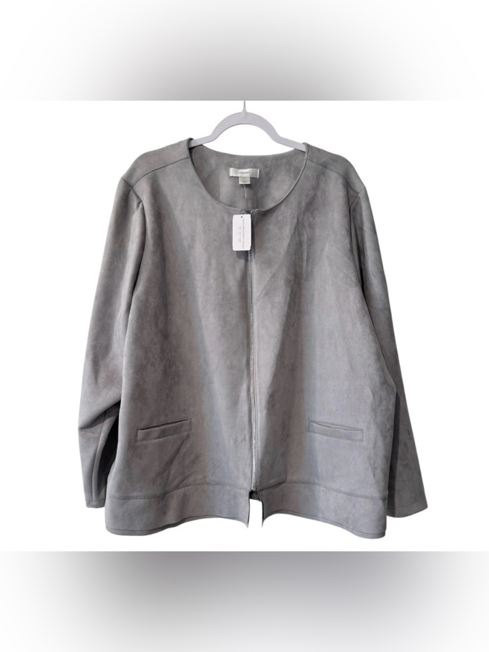 NWT CJ Banks women’s 3X long sleeve collarless light gray faux suede jacket